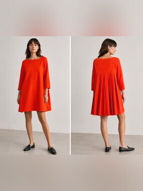 Jil Sander Navy Tomato Red Pleated Back Swing Mini Dress IT 42 Made in Italy